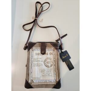 New Mona B Atlas Small Crossbody Bag Upcycled Canvas Distressed Leather